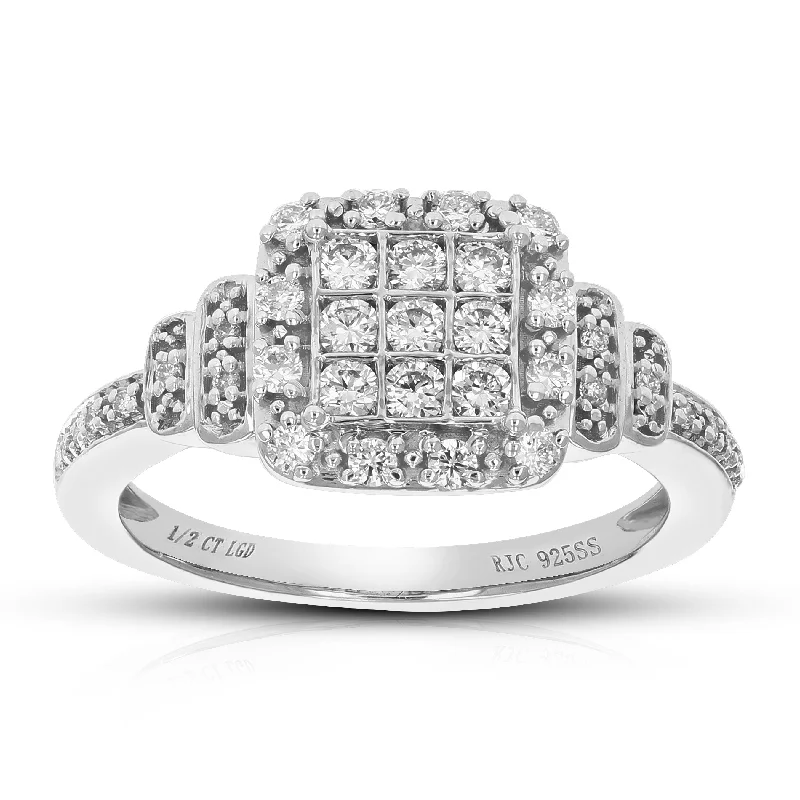 Classic ladies engagement rings-1/2 cttw Round Cut Lab Grown Diamond Engagement Ring 35 Stones .925 Sterling Silver Prong Set